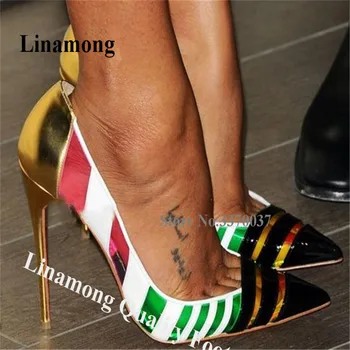 Linamong Design Dedo Apontado Colorido PVC Stiletto Heel Bombas de Slip-on Patchwork Transparente Salto Alto 8 cm 10 cm 12 cm de Salto