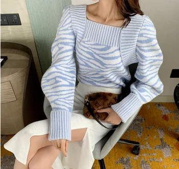 Zebra-impressão Suéter de Malha Mulheres Suéter Azul Quadrado Superior Gola Manga Longa, Blusas Blusas Mulher