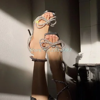 Mulheres de Cristal Salto Sandálias de Dedo do pé Quadrado de Verão Salto Alto Strass Pulseira de Rendas Até sapatos de Senhoras Sexy Festa de Casamento Sapatos