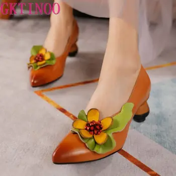 GKTINOO 2022 Verão Floral feito a mão em Couro Genuíno Bombas de Mulheres Sapatos Med Salto Pontiagudo Dedo do pé Concisa de Lazer Sapatos de Senhoras