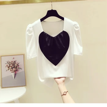 O contraste de Cores em Forma de Coração com decote em V T-shirt Mulher Manga Curta Superior 2021 Verão Novo Estilo coreano Puff Sleeve Tee Branco Preto
