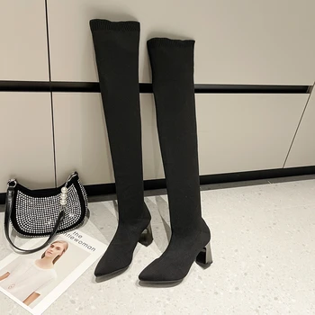 De Inverno, Moda De Nova Bico Quadrado E Salto Alto Estique O Tecido Sobre O Joelho Mulheres Sapatos Botas Botas Coxa Botas Altas 0
