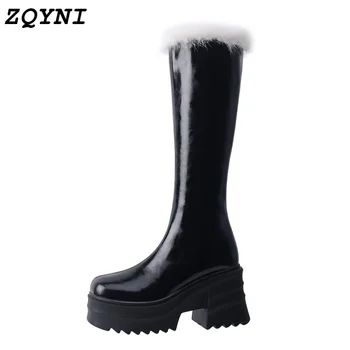 ZQYNI de couro das Mulheres botas de plataforma sapatos com uma altura de Neve sapatos de inverno casual botas femininas