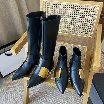 MKKHOU Moda de Couro, Botas femininas Novo Clássico Preto Dedo Apontado Baixa de Calcanhar Botas de Senhora de Todos-jogo de Alta Botas Ankle Boots