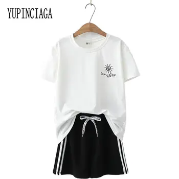 Verão 2 peças de conjunto de mulheres brancas de Manga Curta T-Shirt e Calça Listrada conjunto de duas peças de roupas de mulheres conjuntos de correspondência YUPINCIAGA