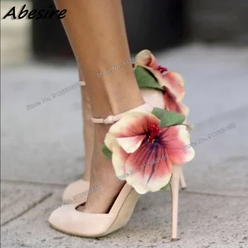 Abesire Peep Toe Flor Decoração Sandálias para as Mulheres Pulseira de Tornozelo Estiletes Saltos Altos Mulheres Sapatos de Saltos Novo Sexy Sapatos de Casamento