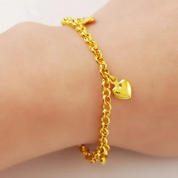 Nova Moda 24K Gold Chapeamento Jóia do Coração Encantos Link Cadeia de Pulseiras Para as Meninas Mulheres Encantos Pulseira Para Mulheres Presentes de Luxo