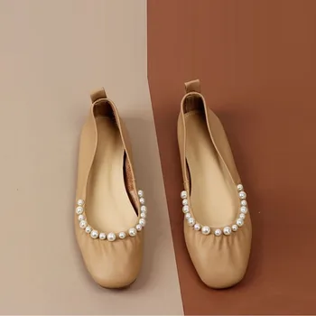 Mulheres Diário Flats Dedo Do Pé Redondo Senhoras Simples Sapatos De Estilo Francês Elegante Pérolas Sapatos De Mulher Macio Couro De Deslizamento No Pé Sapatos