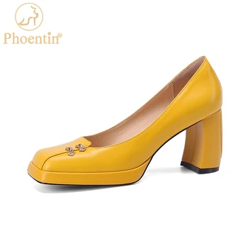 Phoentin Praça Toe de Moda Festa Vestido de Casamento Sapatos de Luxo chunky Salto Alto Bombas de Mulheres Sapatos preto amarelo FT2028 0