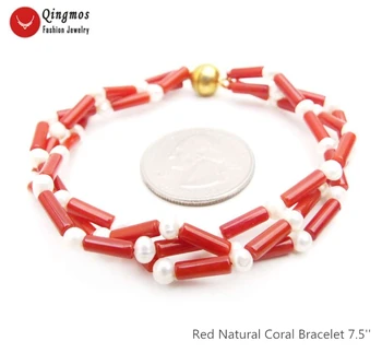 Qingmos Moda 3*9mm de Espessura de Fatia Naturais de Coral Vermelho Pulseira para Mulheres com 4mm Branco Pulseira de Pérolas de Jóias de 3 Fios 7.5