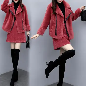 2021 mulheres novas de inverno imitação cordeiro de lã de duas peças, saia, jaqueta saia curta de meio comprimento saia de moda casual terno das mulheres