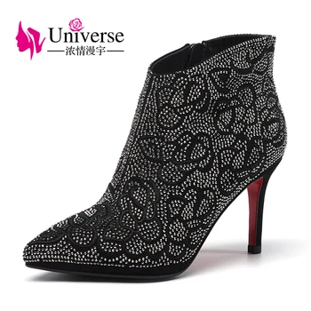 Universo superior bordada com cristais de super alta calcanhar ankle boots com mulheres sensuais finos sapatos de salto de couro genuíno botas G332