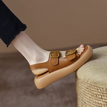 2022 Verão as Mulheres Sapatos Casuais, Calçados para Mulheres Vaca Sandálias de Couro Grosso Calcanhar Sapatos de Plataforma Sandálias das Mulheres