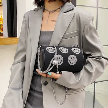 Nova Tendência Mini Sacos de Ombro das Mulheres Flash Diamante Sorriso do Rosto de Lona Bolsa Feminina coreano Moda Balde Messenger bag duplo Cilindro