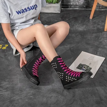Artesanais personalizadas tecido confortável meados de tubo de sapatos femininos zíper lateral rebite sapatos lace-up de sapatos de lona, 35-43