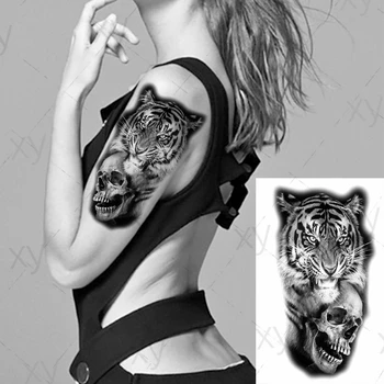 Impermeável Tatuagem Temporária Adesivo Preto Belo Tigre Crânio Arte no Corpo, Peito, Costas Barriga Falsa Tatoo Flash Tatto para Mulheres, Homens