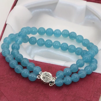 Original diy fashion 6mm venda quente calcedônia azul jades bolinhas de 2 linhas de multicamadas pulseiras para mulheres jóia de 7,5 polegadas B2789