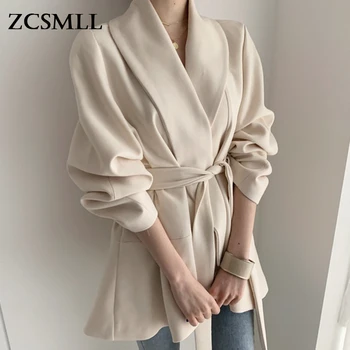 ZCSMLL temperamento elegante, vire para baixo de gola de cor sólida blazers correia irregular casual puff manga do paletó de mulheres coreano