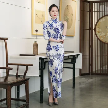 Azul e Branco Chinês Tradicional Vestido Elegante para as Mulheres Gola Qipao Longos Vestidos Florais para a Ocasião, as Mulheres 2023