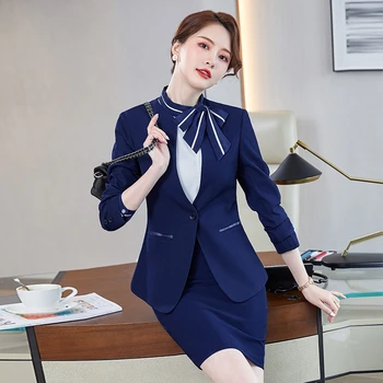 Moda Senhoras Blazer Azul-Marinho Mulheres de Negócios Fatos de Saia e Casaco de Conjuntos de Trabalho de Esteticista Office Uniforme Estilos