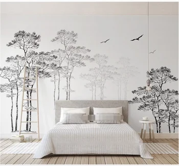 xuesu Simples estilo Nórdico preto e branco esboço abstrato árvore pássaro de papel de parede sofá quarto personalizado mural 8D impermeável de parede de pano