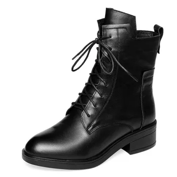Botas de Couro preto Laço Redondo Toe Sapatos para Mulheres Tornozelo Botas Outono Inverno Sapatos Confortáveis Botas de Moda das Mulheres
