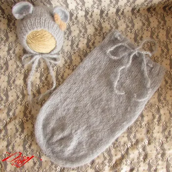 Venda quente Saco de Dormir do bebê Recém-nascido Dormir Saco de Crochê, Tricô Swaddle Cobertor e Chapéu de Urso Conjunto Completo