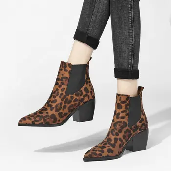 Leopard Chunky Calcanhar Botas Chelsea Mulher Moda Apontou Toe De Camurça Do Falso Tornozelo Botas De Novos Diários De Curta Botas Marrom Botas Femininas