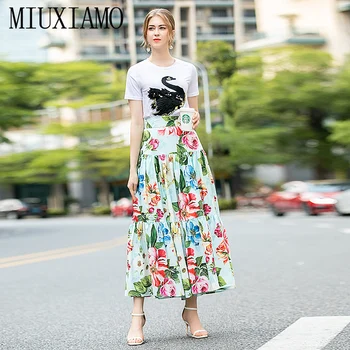 MIUXIMAO Melhor Qualidade 2020 Senhora do Escritório de Verão Twinset Elegante Flor Mulheres Soltar e Imprimir Vestido Longo se adapte às Mulheres Vestidos
