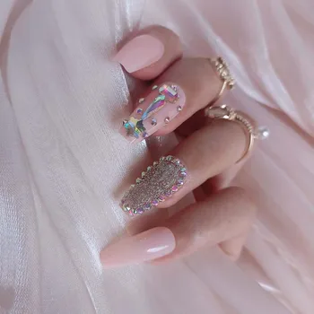 24pcs de jóias de luxo ballet caixão de cristal feito a mão diamante falso unhas de luz cor-de-rosa