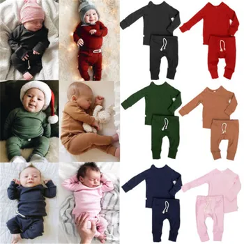 Causal Confortável Pijama Conjuntos De Bebê, Roupas De Meninas Sólido Tops + Calças De Roupas Pijamas Roupas