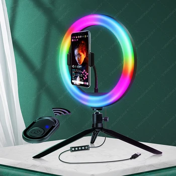 10 polegadas pode ser escurecido LED RGB Selfie Anel de Luz de Preenchimento Foto do Anel de luz Com Tripé Para a Composição de Vídeo ao Vivo Aro De Luz Para Celular