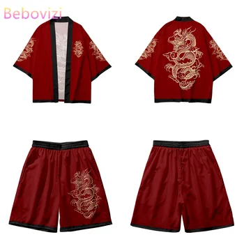 Novidade roupa de Duas peças Japonês Cardigan Homens Cosplay Dragon Impressão Yukata Quimono Vermelho Shorts Conjuntos de Patchwork Tradicional Asiática