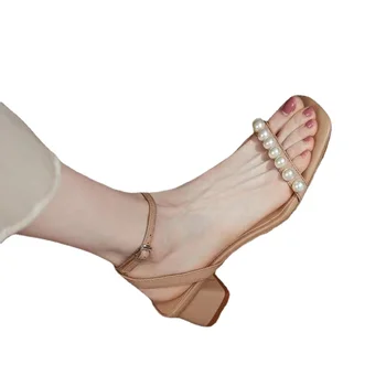 2022 Verão as Sandálias Novas de Moda feminina Open Toe Salto Alto Sandálias Romanas Pérola Festa de Sapatos de Mulheres da Praça de Sandálias de Salto