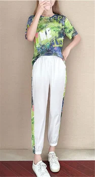 O coreano Moda Mulheres de Roupas de Treino de 2 peças de Conjunto de Verão Casual de Sportswear O decote em Impressão de manga curta T-shirt+Calças de Harém