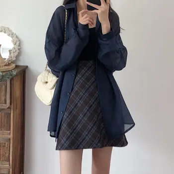 [Terno de três peças] Moda Terno Feminino de Verão coreano Solta Chiffon Protetor solar Camisa + Camisole + Saia Xadrez