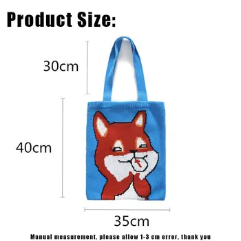 YoReAi Tricô Tecido Mulheres Bolsa Bonito Dos Desenhos Animados Fox Eco Sacola De Compras De Lã De Malha Estudante Casual, Sacolas Grandes Sacos De Ombro 1