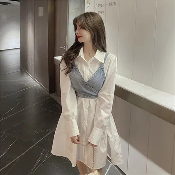 As Mulheres elegantes Atender 2022 Primavera Novo Estilo coreano Camisa Branca Vestido + Colete Jeans 2 Conjuntos de Peças de Moda de Duas peças de Camisa de Vestido de Conjuntos 1