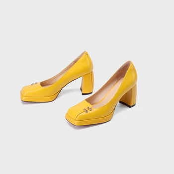 Phoentin Praça Toe de Moda Festa Vestido de Casamento Sapatos de Luxo chunky Salto Alto Bombas de Mulheres Sapatos preto amarelo FT2028 1
