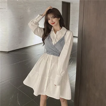 As Mulheres elegantes Atender 2022 Primavera Novo Estilo coreano Camisa Branca Vestido + Colete Jeans 2 Conjuntos de Peças de Moda de Duas peças de Camisa de Vestido de Conjuntos 2