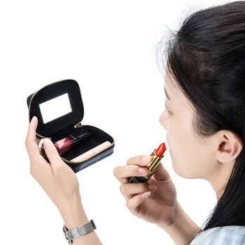 Novo Mini Sacos Cosméticos Casos De Mulheres Que Viajam Pequena Caixa De Maquiagem De Couro Genuíno Sexo Feminino Maquiagem Sacos Organizadores De Bolsas De Luxo Com Espelho 2