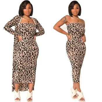 2021 Nova Moda feminina Sexy Envolto Peito Leopard Print Dress + Casaquinho de Manga Longa Jaqueta Longa Saia de Duas peças, Vestido 3