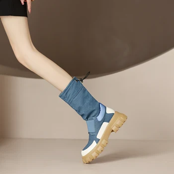 ZHUOFU Splicing Sapatos de Cores Misturadas Cabeça Redonda de Lona Denim, de Espessura Inferior Tornozelo Botas de Mulheres de Cabo de tração Fivela Elástico Plataforma 3