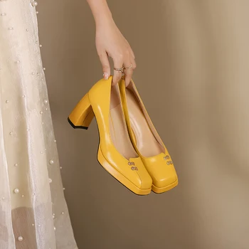Phoentin Praça Toe de Moda Festa Vestido de Casamento Sapatos de Luxo chunky Salto Alto Bombas de Mulheres Sapatos preto amarelo FT2028 3
