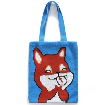 YoReAi Tricô Tecido Mulheres Bolsa Bonito Dos Desenhos Animados Fox Eco Sacola De Compras De Lã De Malha Estudante Casual, Sacolas Grandes Sacos De Ombro 5