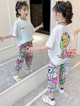 Meninas' terno de verão 2021 novo estilo coreano de moda manga curta atender crianças ocidental graffiti estilo casual, roupa de duas peças 5